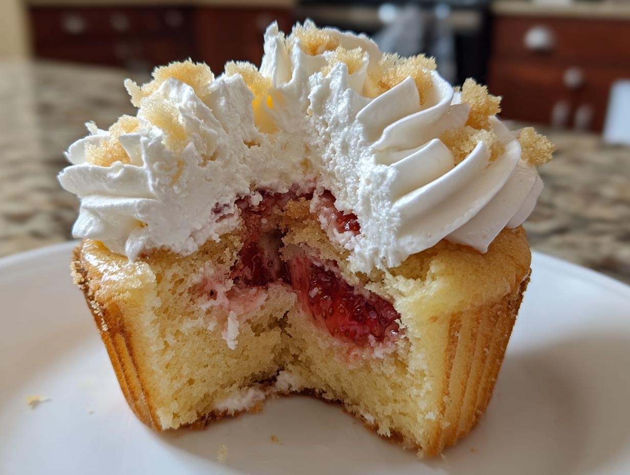 Close-up of a strawberry shortcake cupcakes cut in half showing the cake, strawberry filling, and whipped cream.