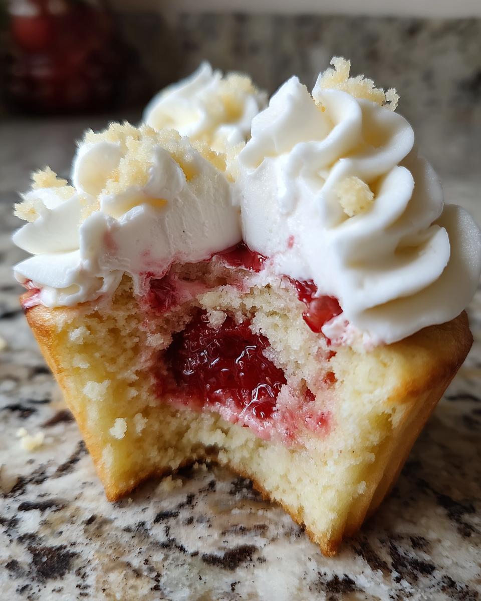 Close-up of a strawberry shortcake cupcakes cut in half showing the fluffy cake, strawberry filling, and whipped topping.