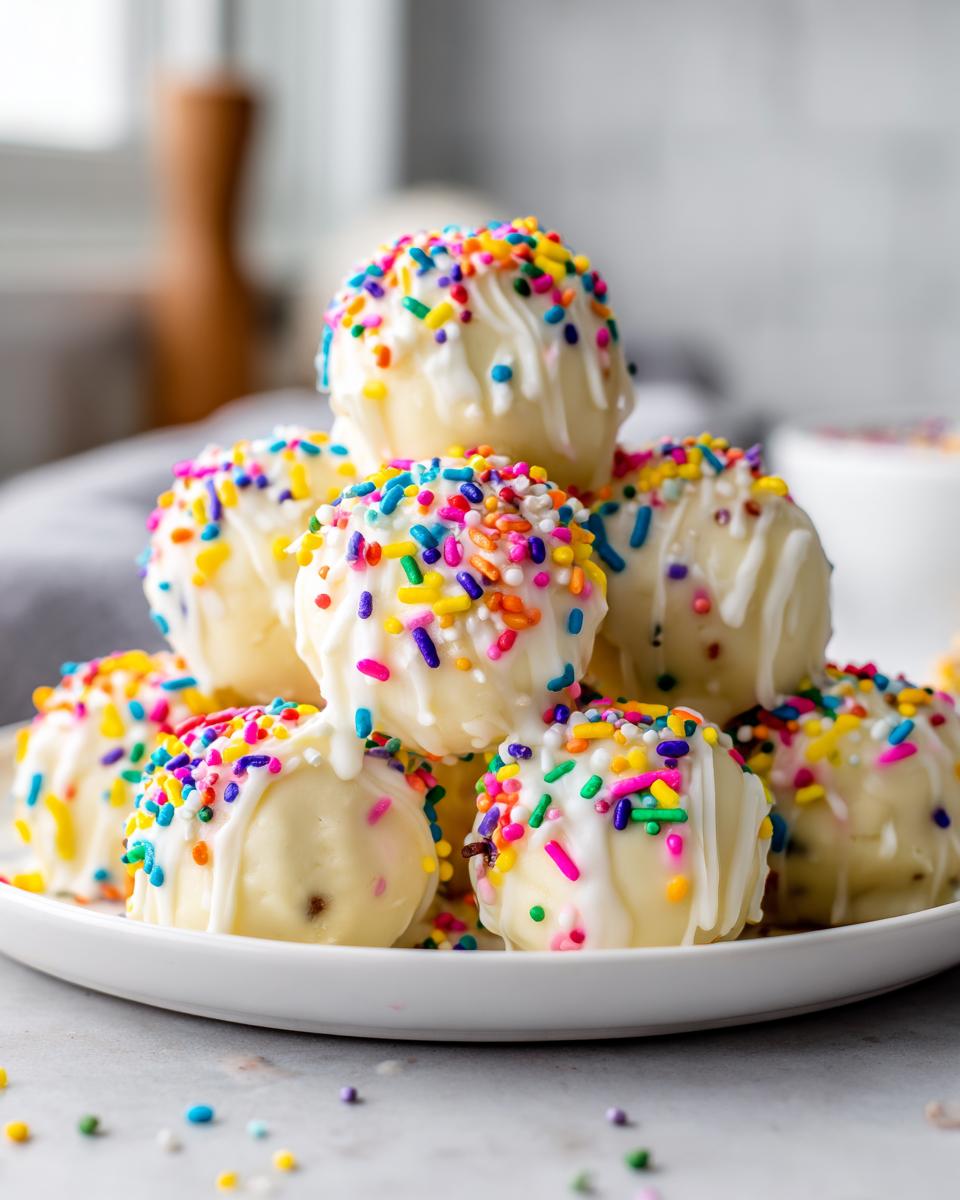 A stack of white chocolate-coated sugar cookie truffles generously topped with colorful rainbow sprinkles.
