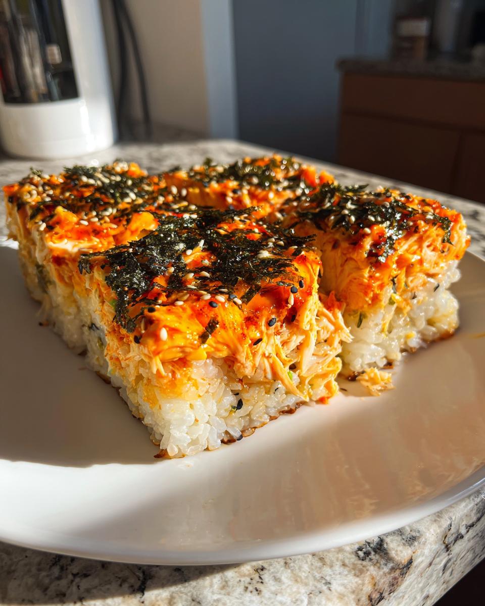 Three square portions of baked sushi bake with a creamy orange topping, garnished with nori and sesame seeds.