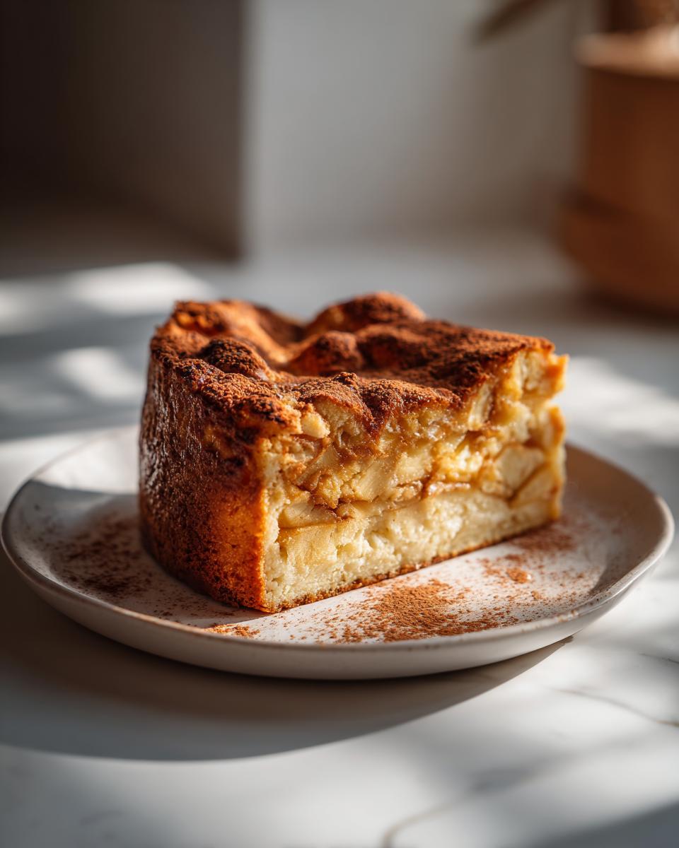 A thick slice of moist Swedish apple cake, rich with baked apples and dusted with cinnamon, sits on a white plate.