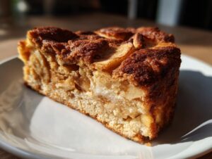 Close-up of a moist slice of Swedish apple cake featuring baked apple chunks and a caramelized, cinnamon-sugar crust.
