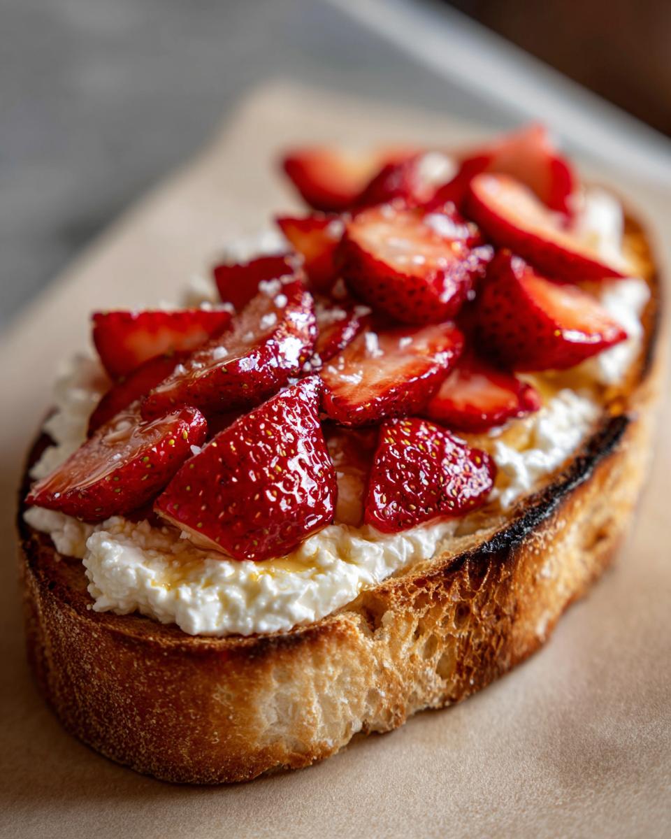 Close-up of sweet cottage cheese toast topped with sliced strawberries and a drizzle of honey.