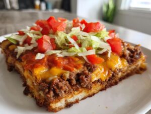 A thick slice of taco pizza topped with seasoned ground beef, melted cheese, salsa, shredded lettuce, and diced tomatoes.