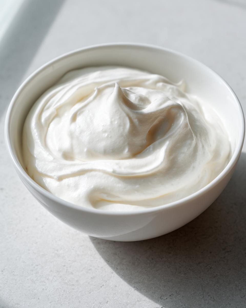 Close-up of thick, glossy white royal icing recipe mixture swirled in a white bowl.