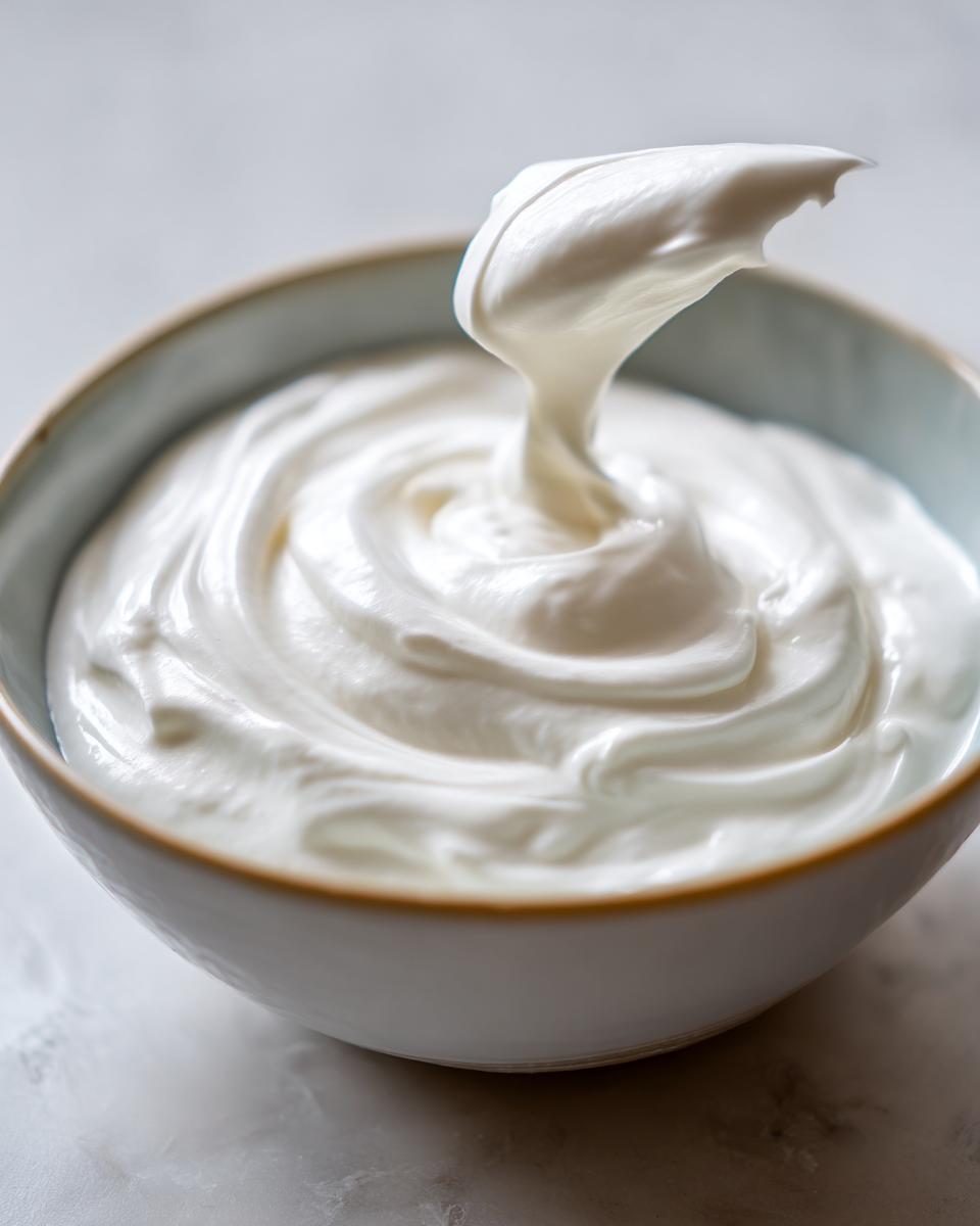Close-up of thick, glossy white royal icing recipe being lifted from a light blue bowl, showing perfect piping consistency.