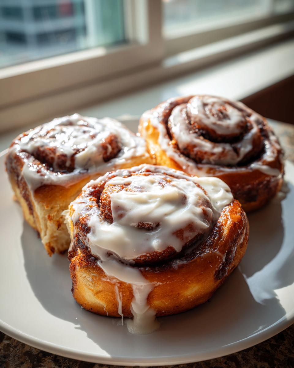 Three freshly baked, gooey cinnamon buns topped with thick white icing, sitting on a white plate near a bright window.