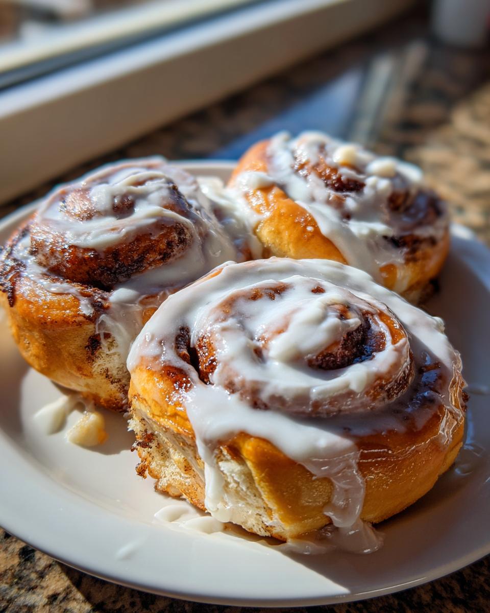 Three freshly baked cinnamon buns generously topped with white icing, sitting on a white plate.
