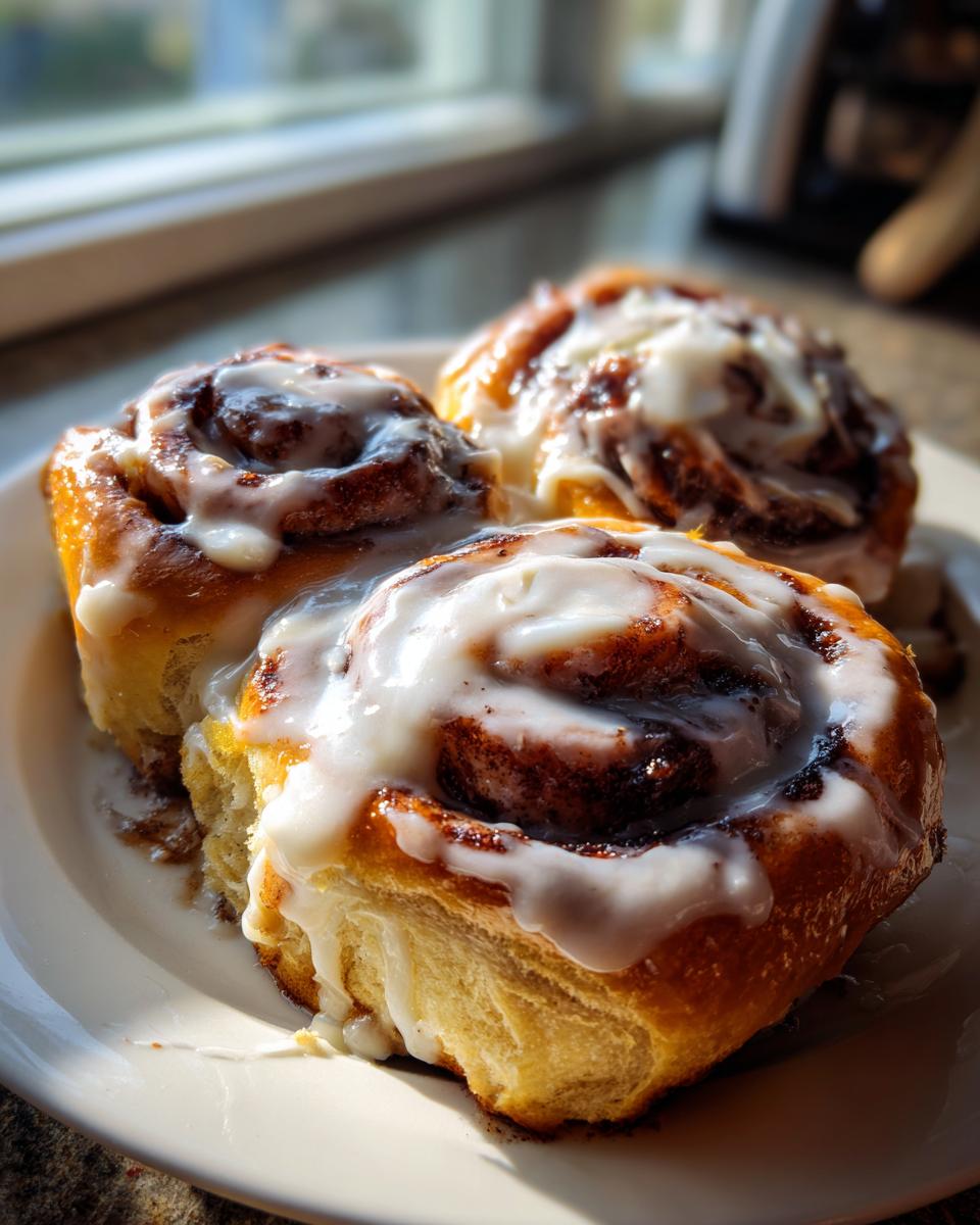 Close-up of three freshly baked cinnamon buns drizzled generously with white icing.