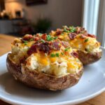 Two ultimate crispy potato skins stuffed with mashed potato, melted cheddar cheese, bacon bits, and chives.
