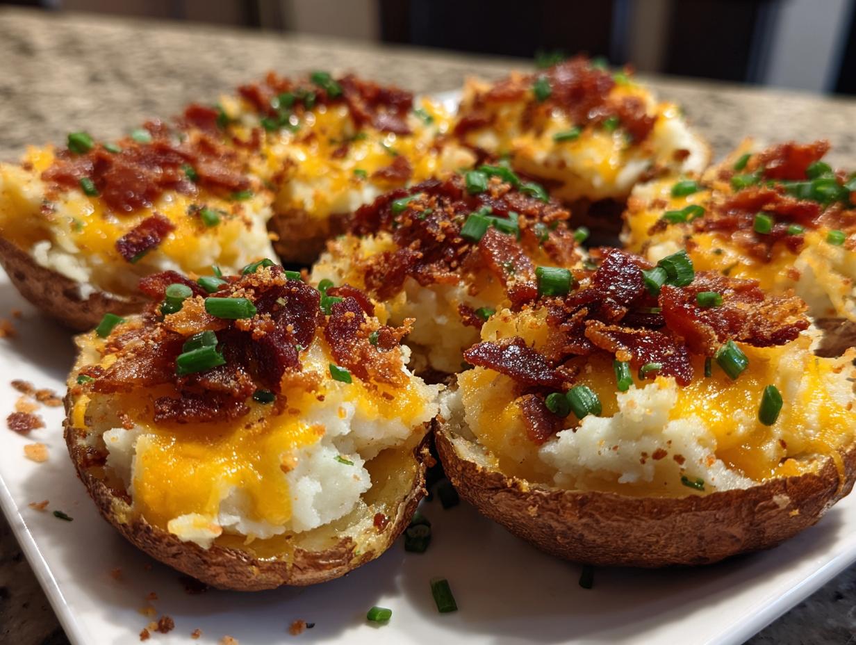 Close-up of several crispy potato skins loaded with mashed potato filling, melted cheddar cheese, bacon bits, and chives.