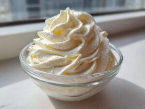 A close-up of perfectly piped, creamy vanilla buttercream frosting in a small glass bowl.