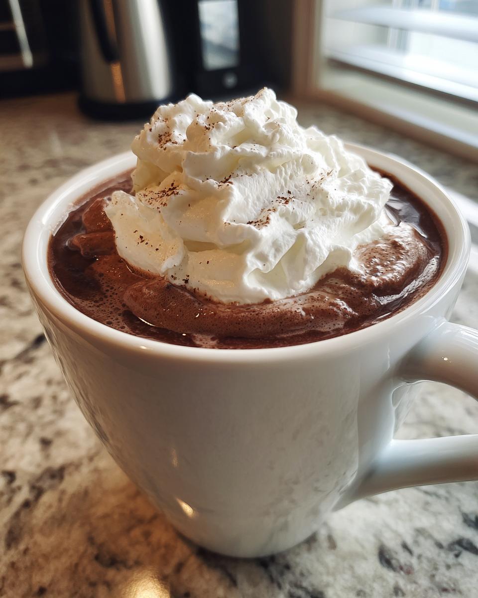 Close-up of rich whipped hot chocolate topped with a generous swirl of whipped cream and cocoa dust.