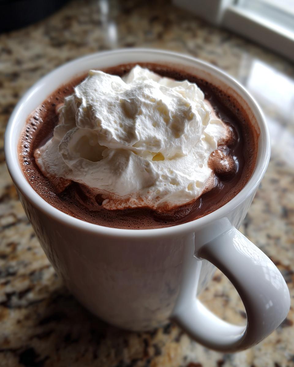 A close-up of creamy whipped hot chocolate topped with a generous swirl of whipped cream in a white mug.