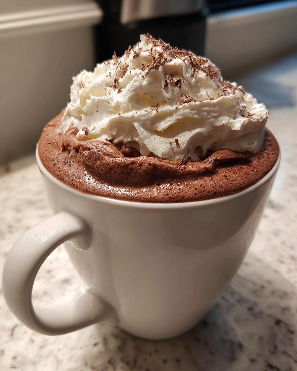 A close-up of a mug filled with rich, foamy whipped hot chocolate topped with whipped cream and chocolate shavings.