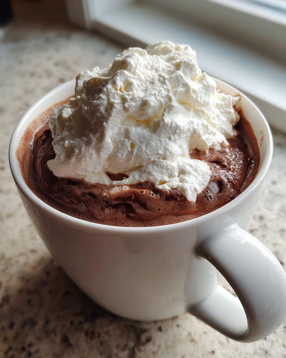 A rich, dark chocolate drink topped with a generous dollop of fluffy whipped cream, representing whipped hot chocolate.