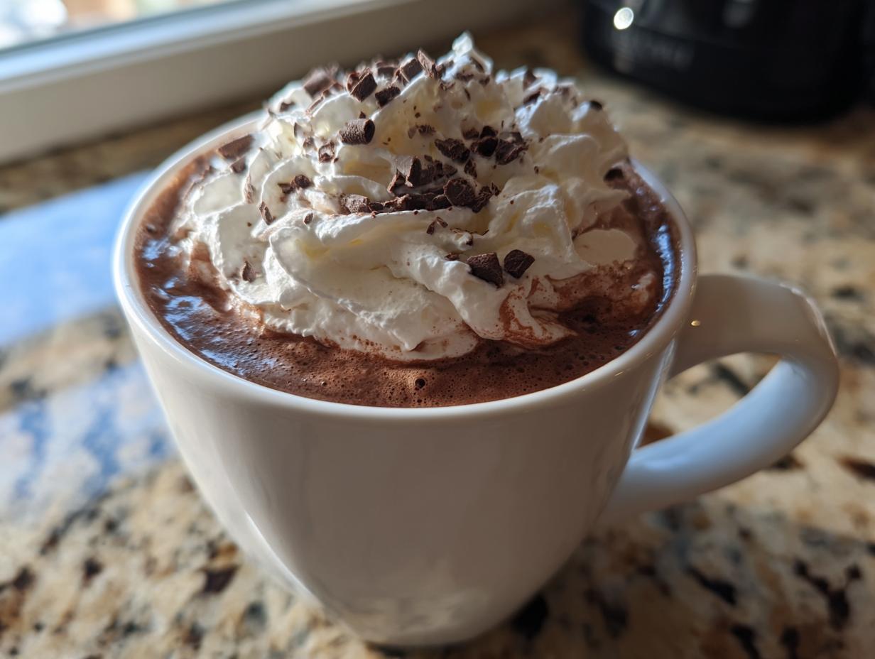 Close-up of a white mug filled with rich whipped hot chocolate topped with whipped cream and chocolate shavings.