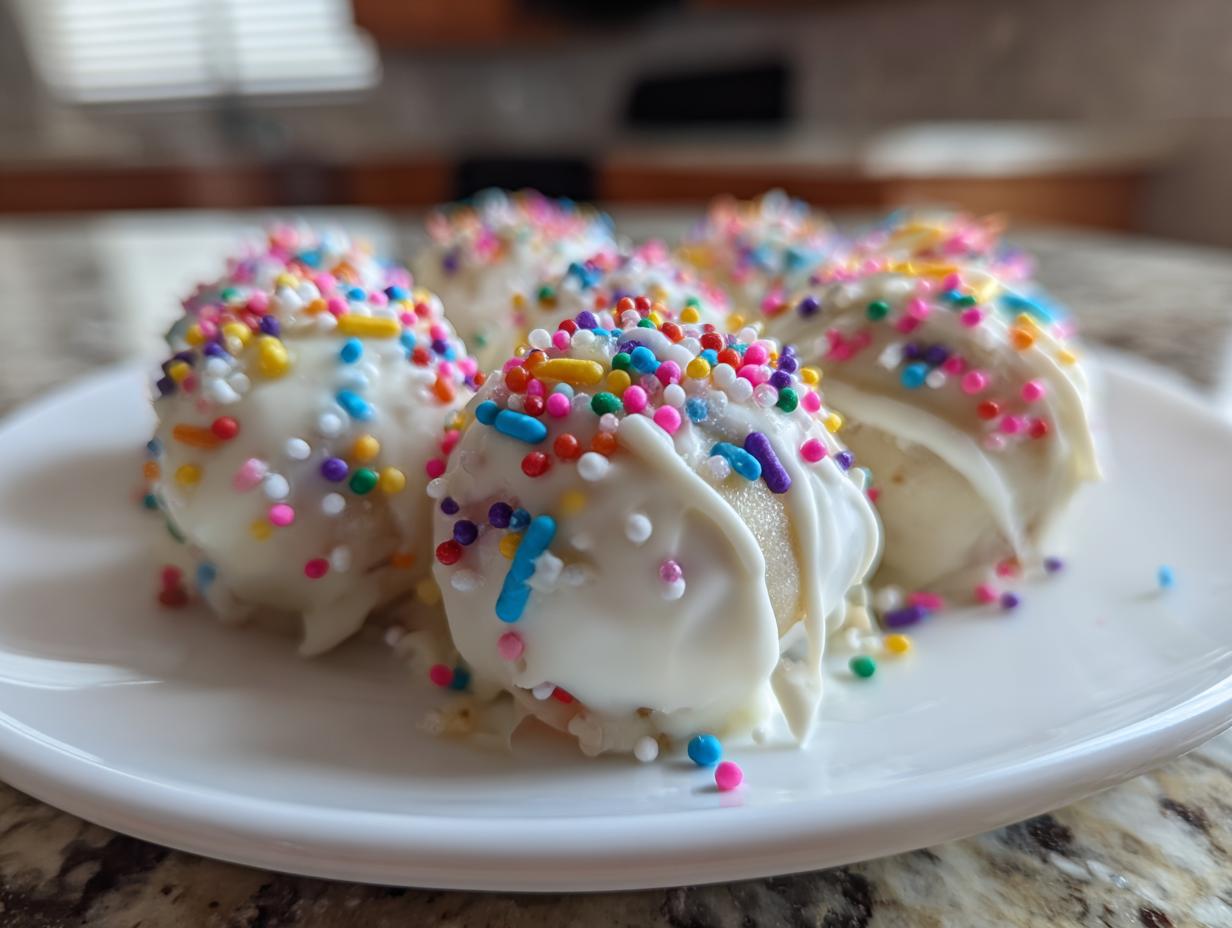 A close-up of several white chocolate coated sugar cookie truffles generously topped with colorful rainbow sprinkles.