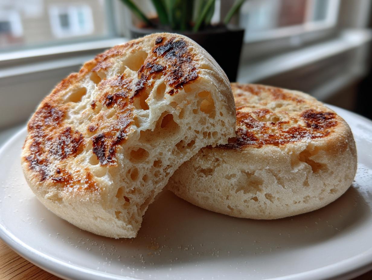 A freshly cooked english muffin split in half, showing its signature nooks and crannies texture, resting on a white plate.