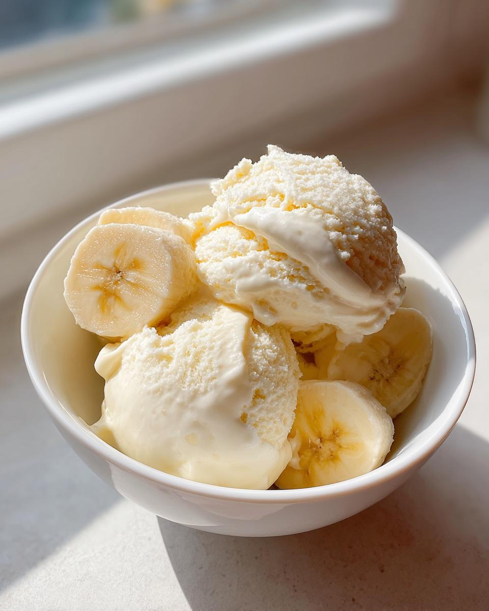A white bowl filled with scoops of creamy banana ice cream and fresh banana slices.