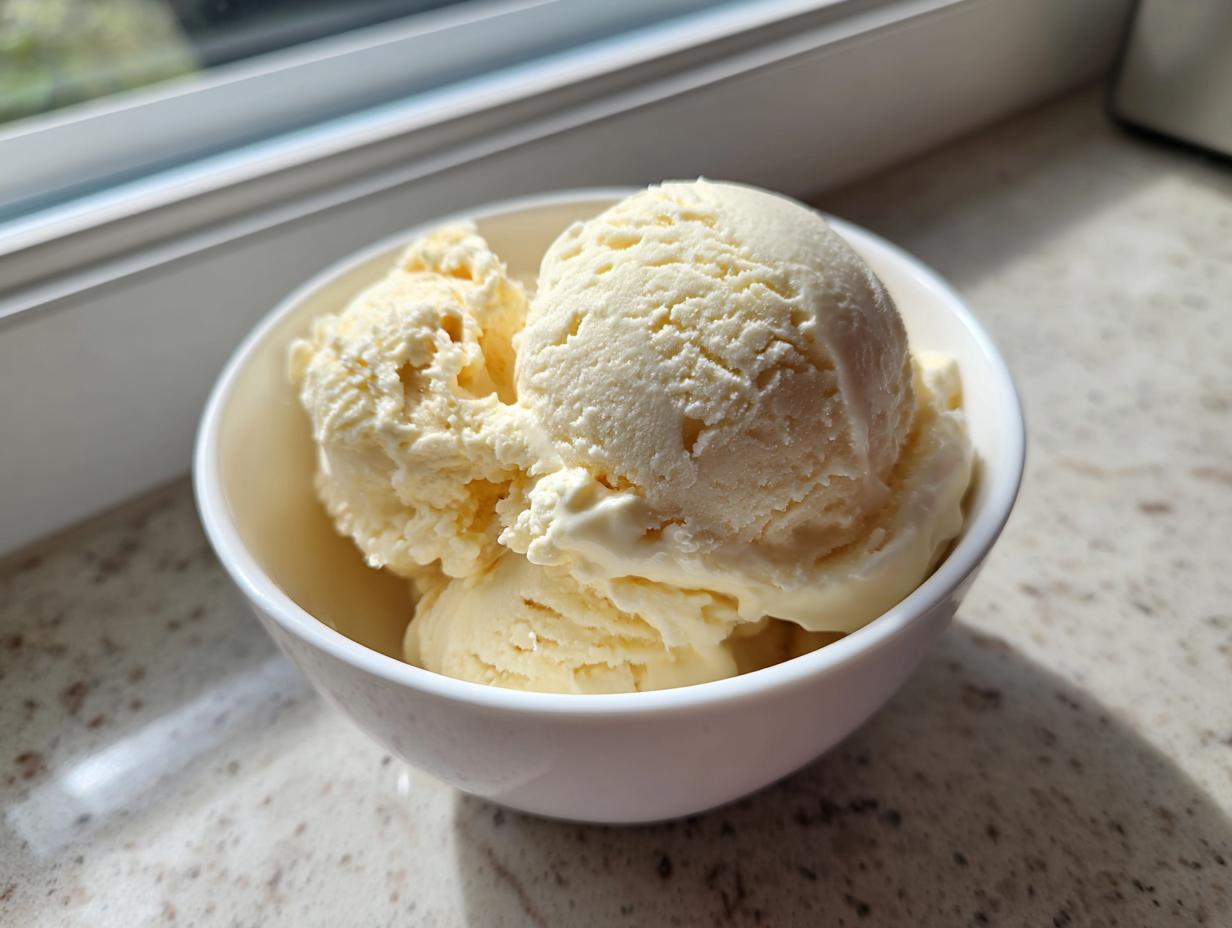 Close-up of several scoops of creamy, pale yellow banana ice cream served in a small white bowl.