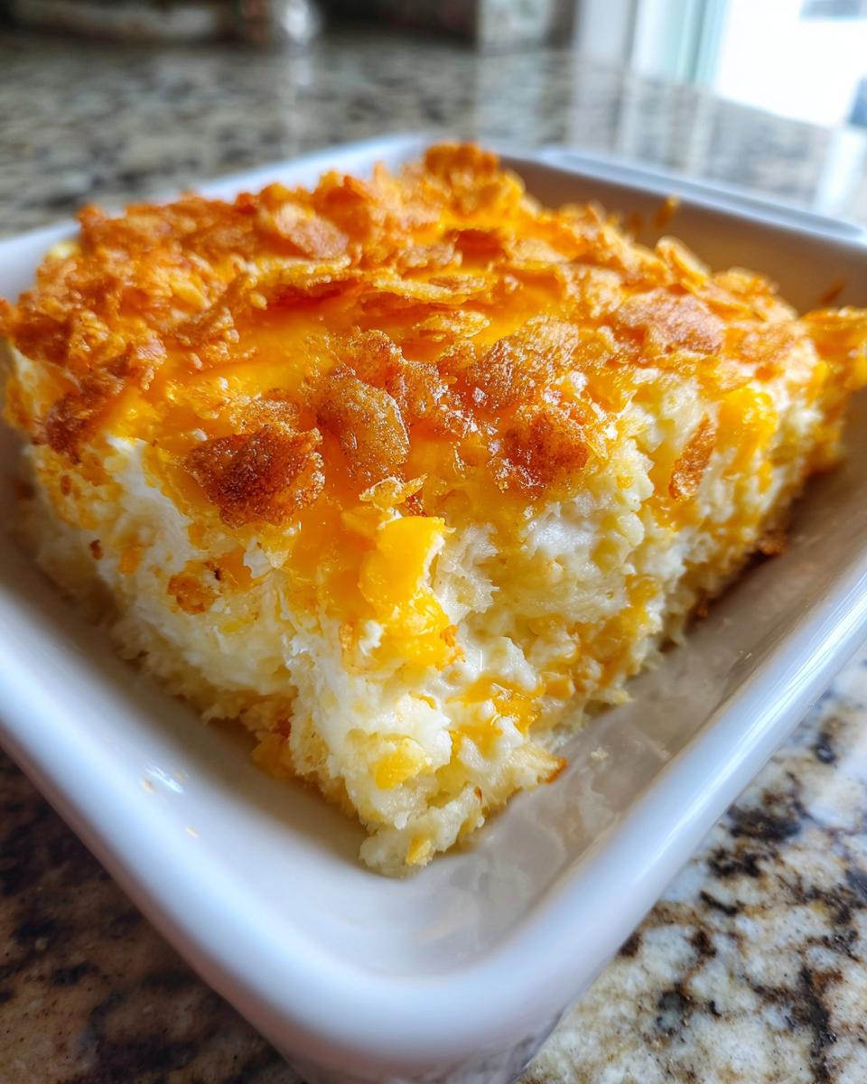 A close-up of a serving of creamy potato casserole topped with melted cheddar cheese and crunchy cornflakes.