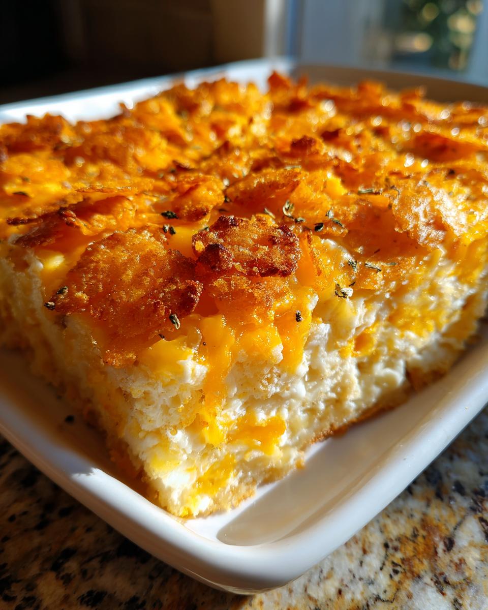 A close-up view of a creamy, baked potato casserole slice topped with melted cheddar cheese and crispy flakes.