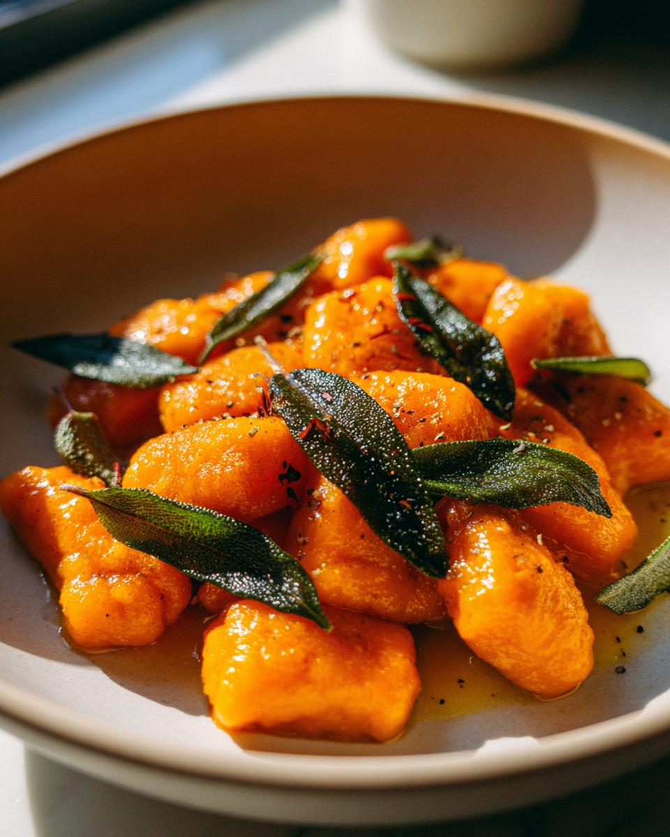Close-up of bright orange sweet potato gnocchi tossed in butter sauce and topped with crispy sage leaves.