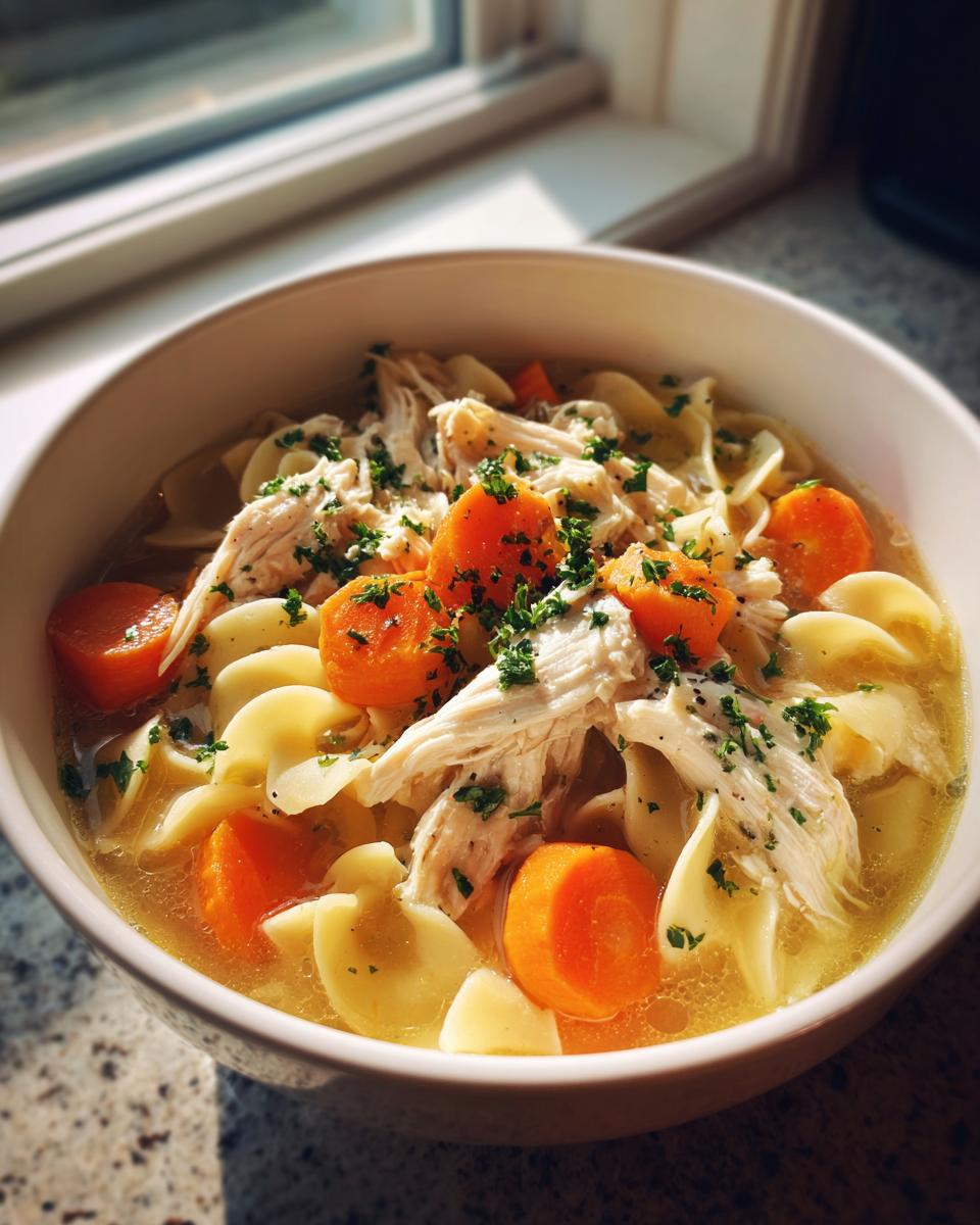 A close-up of a bowl of homemade turkey noodle soup, featuring shredded turkey, sliced carrots, and egg noodles in broth.