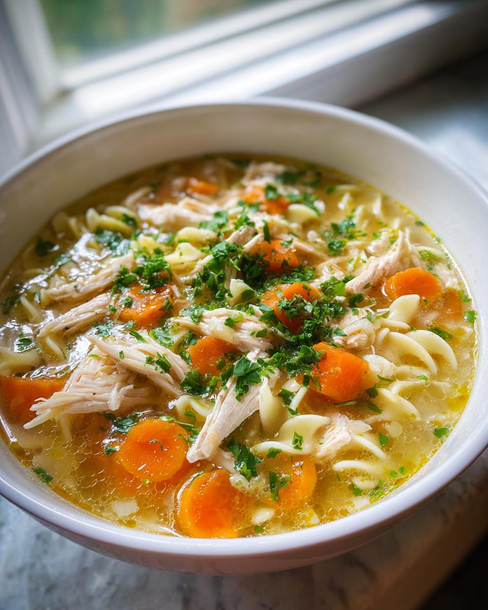 A close-up of a white bowl filled with steaming turkey noodle soup, featuring shredded turkey, sliced carrots, and parsley garnish.