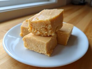 Four squares of creamy, light brown peanut butter fudge stacked on a white plate.