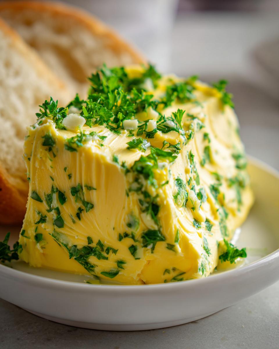 A block of homemade garlic butter mixed with chopped parsley and garlic, served on a white dish next to bread slices.