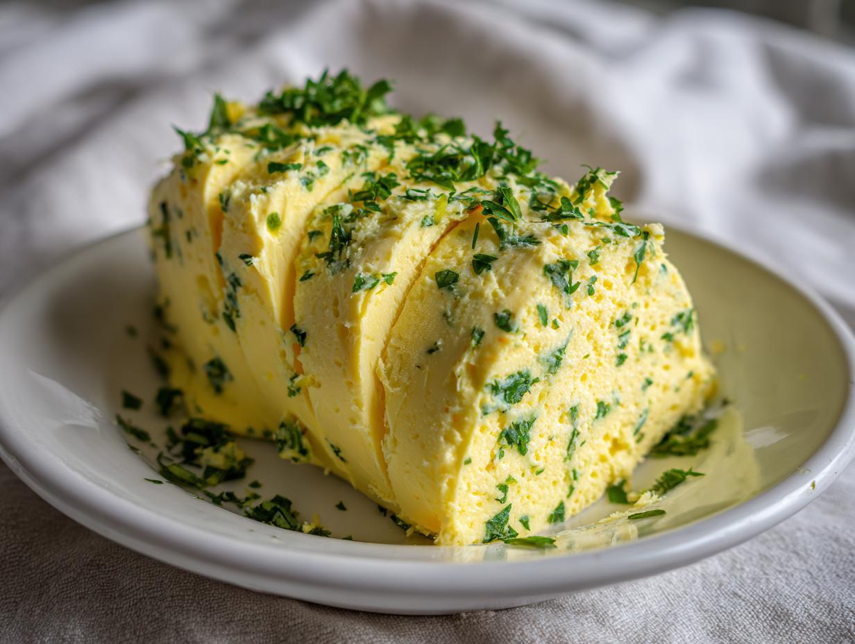 A log of freshly made garlic butter, sliced and topped with chopped parsley, sitting on a white plate.