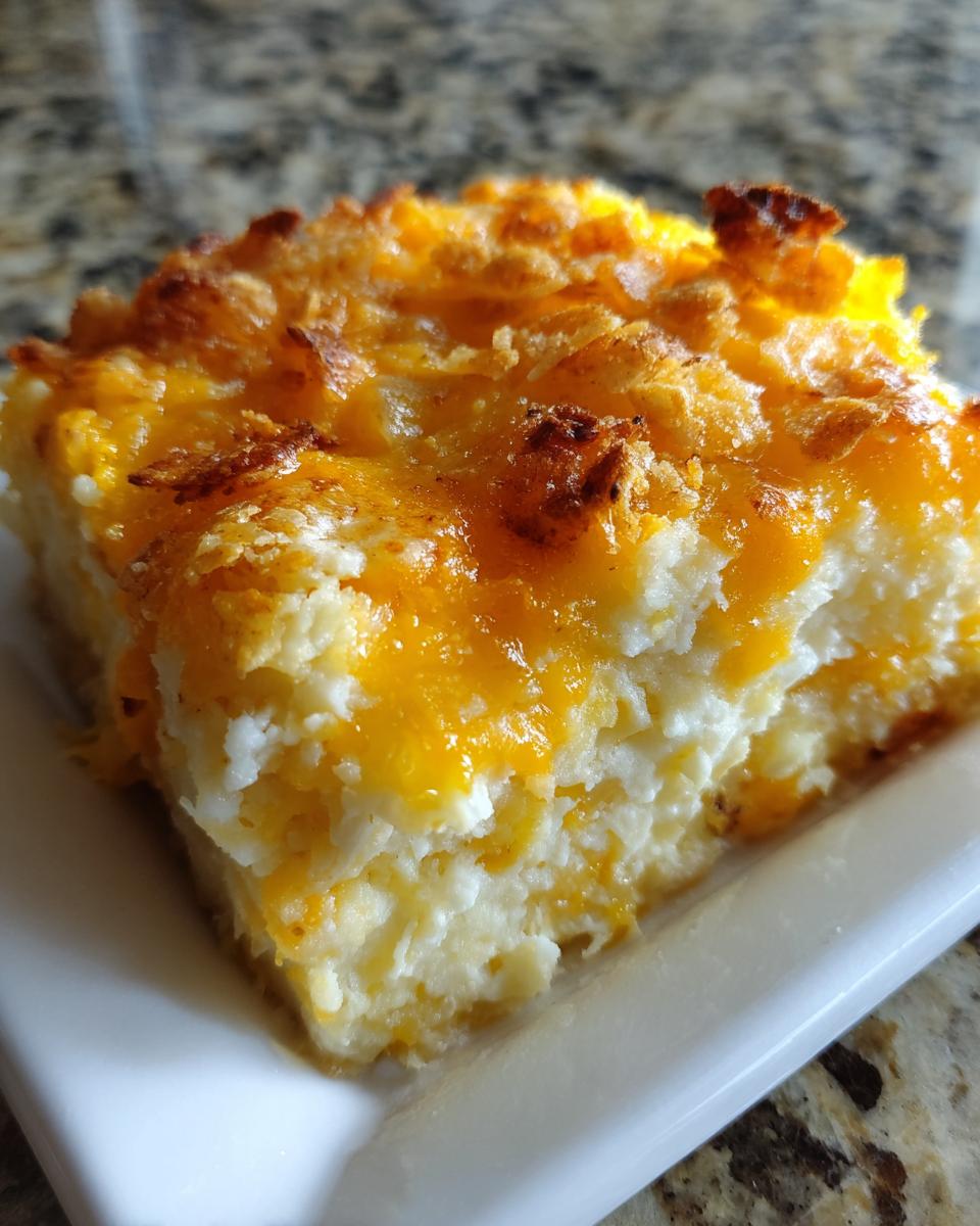 A close-up of a square serving of creamy potato casserole topped with melted, browned cheddar cheese.