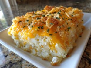 A close-up serving of creamy potato casserole topped with melted cheddar cheese and crunchy flakes.