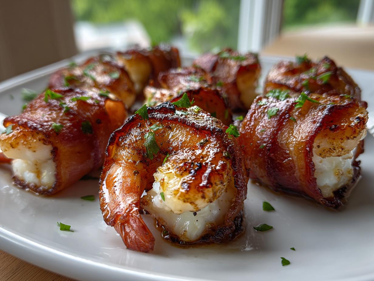 Close-up of several pieces of crispy, glazed bacon wrapped shrimp garnished with fresh parsley, ready to eat.