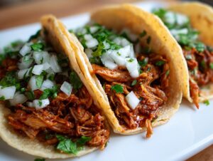 Close-up view of three soft corn tortillas filled with shredded, saucy chicken, topped with diced white onion and fresh cilantro for amazing chicken tacos.