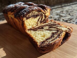 A freshly baked chocolate babka loaf, partially sliced, showing beautiful chocolate swirls inside.