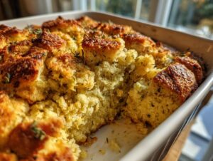 Close-up of golden brown, fluffy classic stuffing baked in a white casserole dish, garnished with herbs.