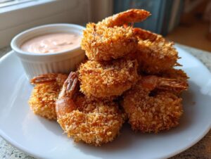 A pile of golden, crispy coconut shrimp served on a white plate next to a small ramekin of dipping sauce.