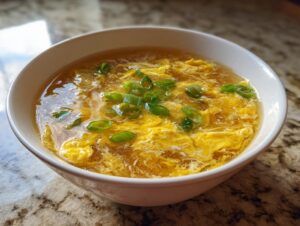 Close-up of a white bowl filled with hot egg drop soup, featuring wisps of cooked egg and topped with fresh green onions.