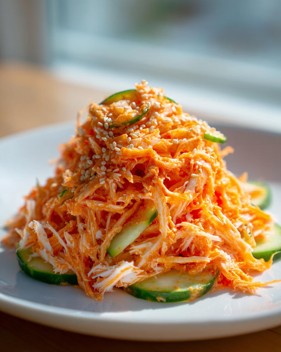 A mound of creamy, shredded orange kani salad topped with sesame seeds and resting on cucumber slices.