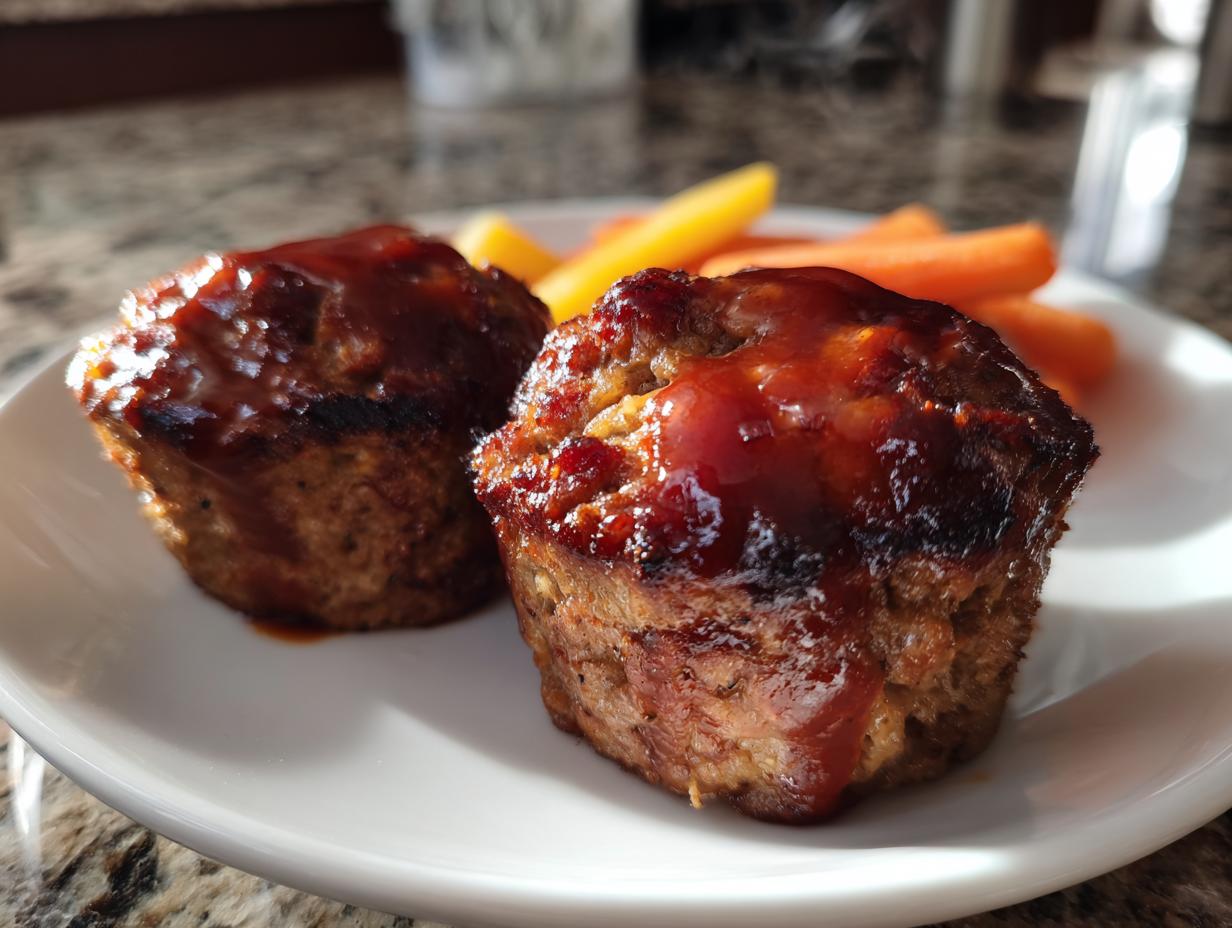 Close-up of two perfectly baked mini meatloaf portions topped with a shiny glaze, served with carrot sticks.