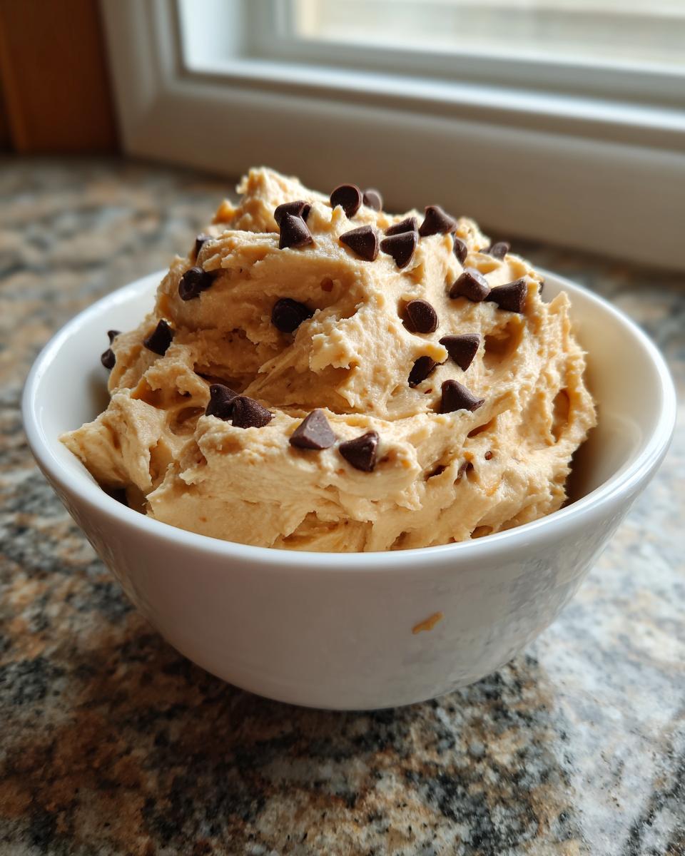 A close-up of thick, creamy peanut butter dip topped generously with mini chocolate chips, served in a white bowl.