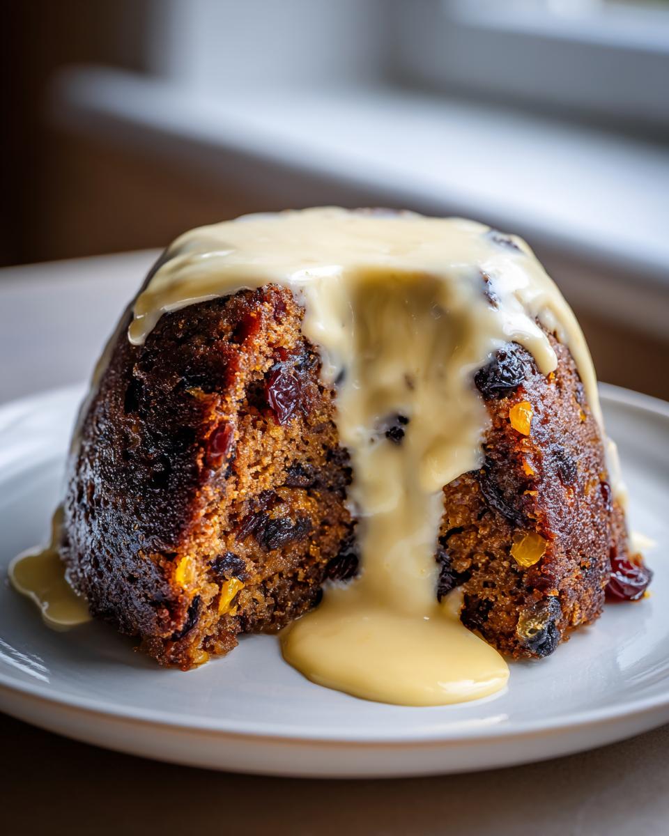 A rich, dark plum pudding with a slice removed, generously topped with flowing vanilla custard.