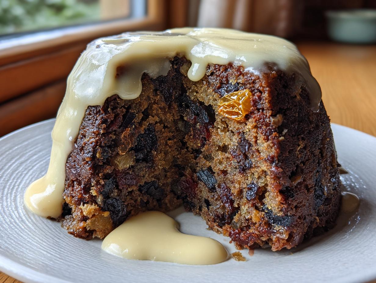 A close-up of a slice of rich, dark plum pudding generously covered in creamy custard sauce.