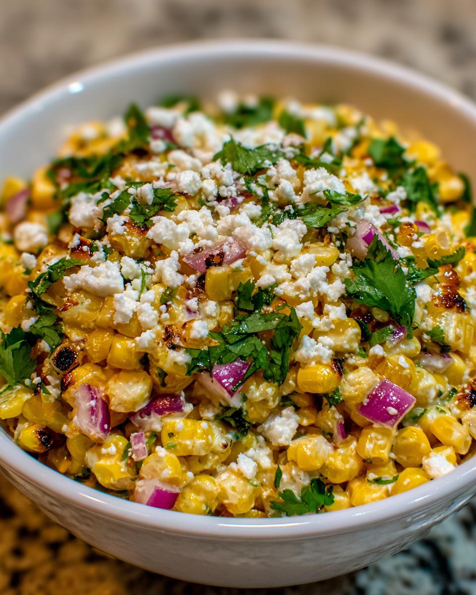 Close-up of a white bowl filled with amazing street corn salad topped with cotija cheese and cilantro.