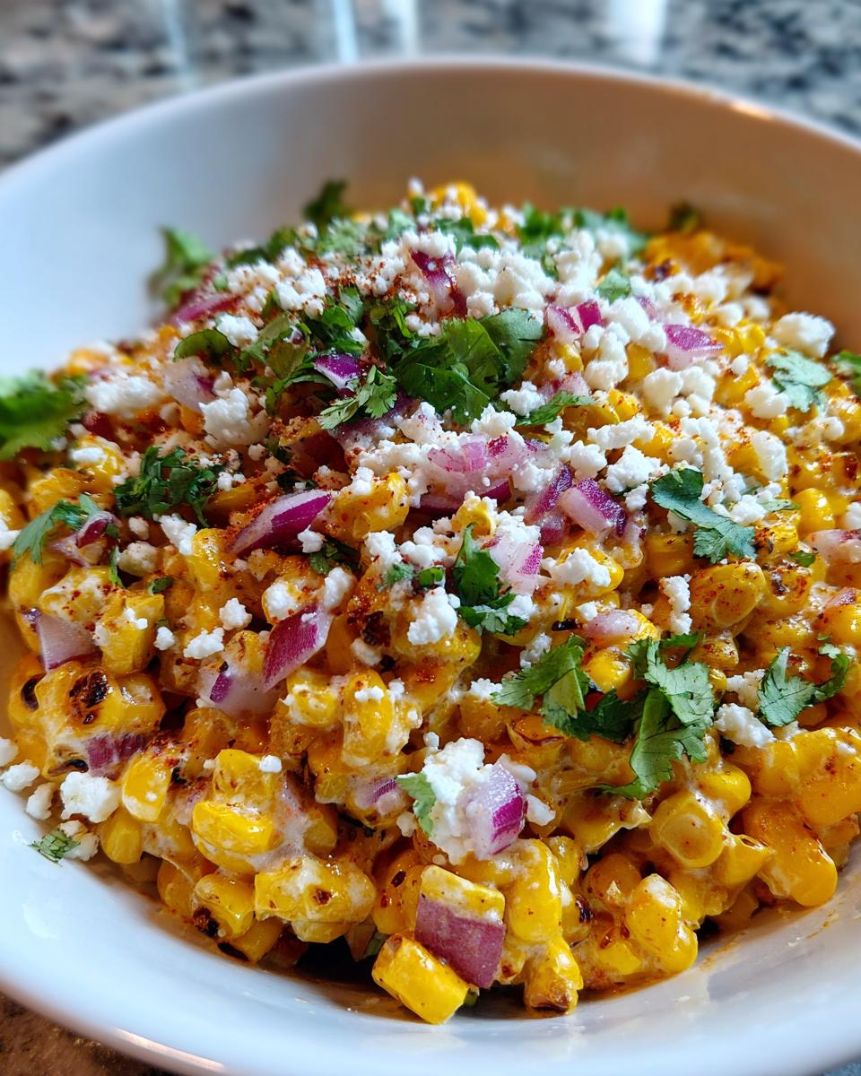 Close-up of a vibrant street corn salad featuring charred corn kernels, cotija cheese, red onion, and cilantro.