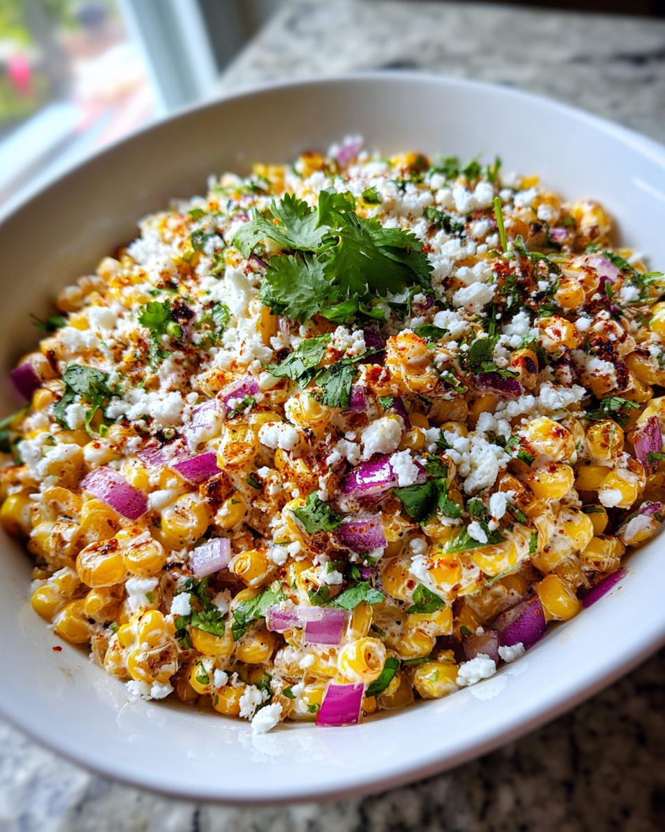 A close-up view of a vibrant street corn salad mixed with cotija cheese, red onion, cilantro, and chili powder in a white bowl.