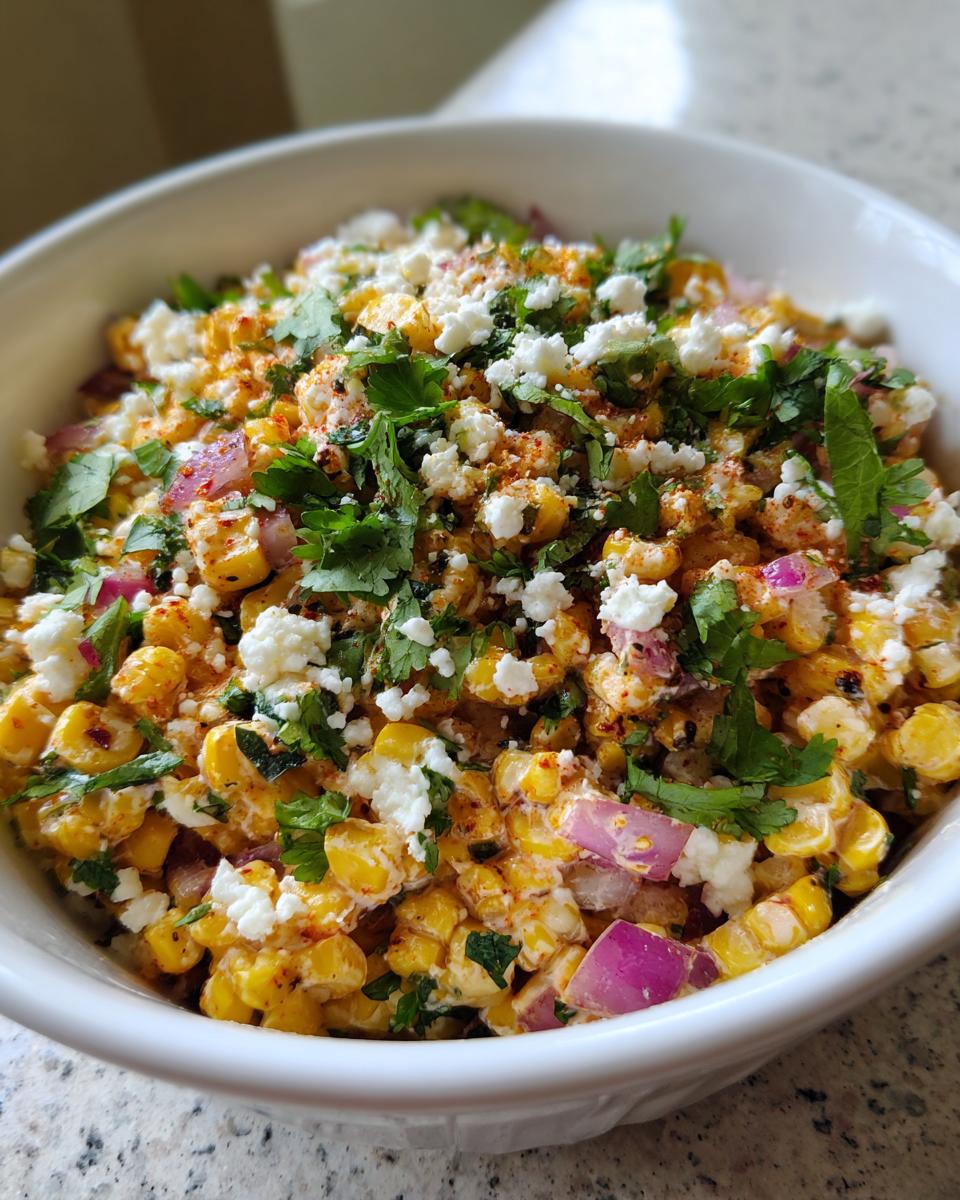 A close-up view of an amazing street corn salad mixed with red onion, topped with cotija cheese and cilantro.